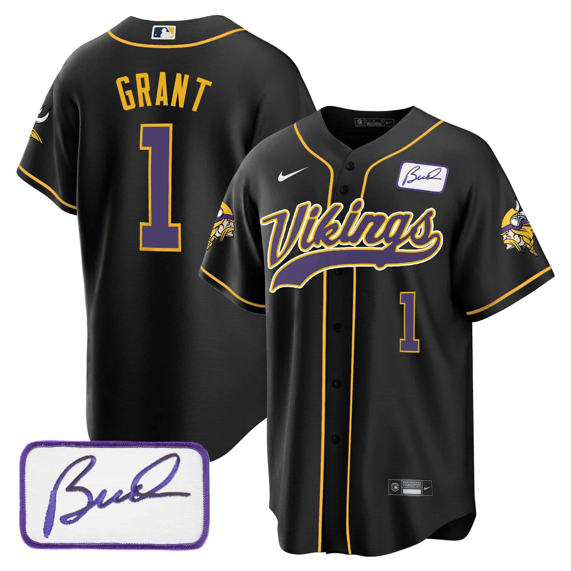 Men Minnesota Vikings 1 Grant Black 2024 Nike Bud Grant Patch Classic Baseball NFL Jersey
